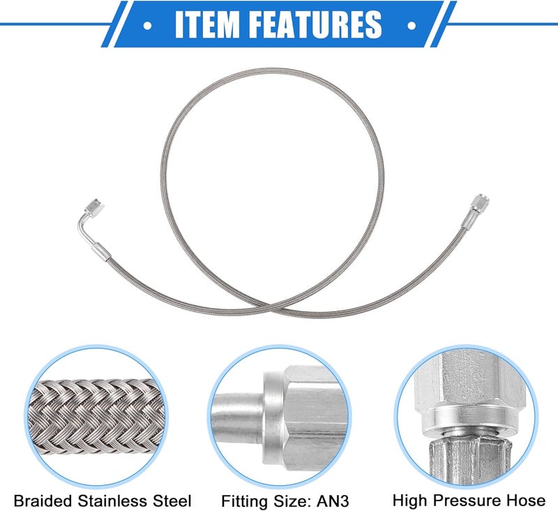 VekAuto AN3 Braided Steel Turbo Oil Feed Line 90 Degree to Straight Hose End, 44" Remote Turbocharger Oil Drain Return Line Universal for Car Durable Stainless Steel PTFE Silver Tone - Image 4